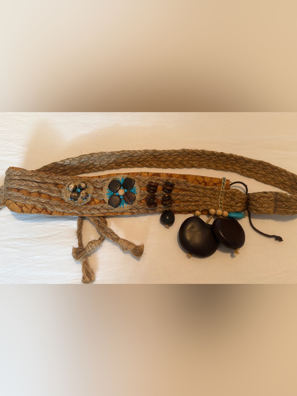Boho Woven Beige Jute Belt with Bead Accents